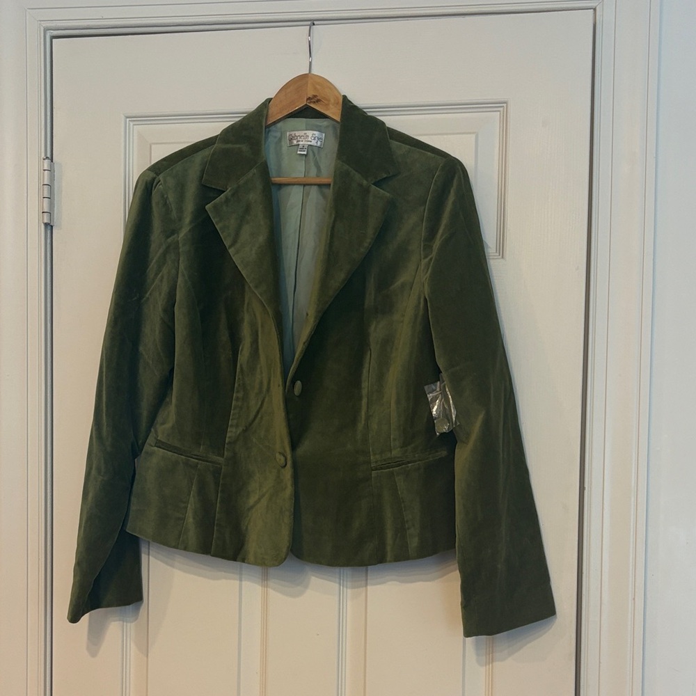 Olive Green Velvet Notch-Lapel Blazer Jacket